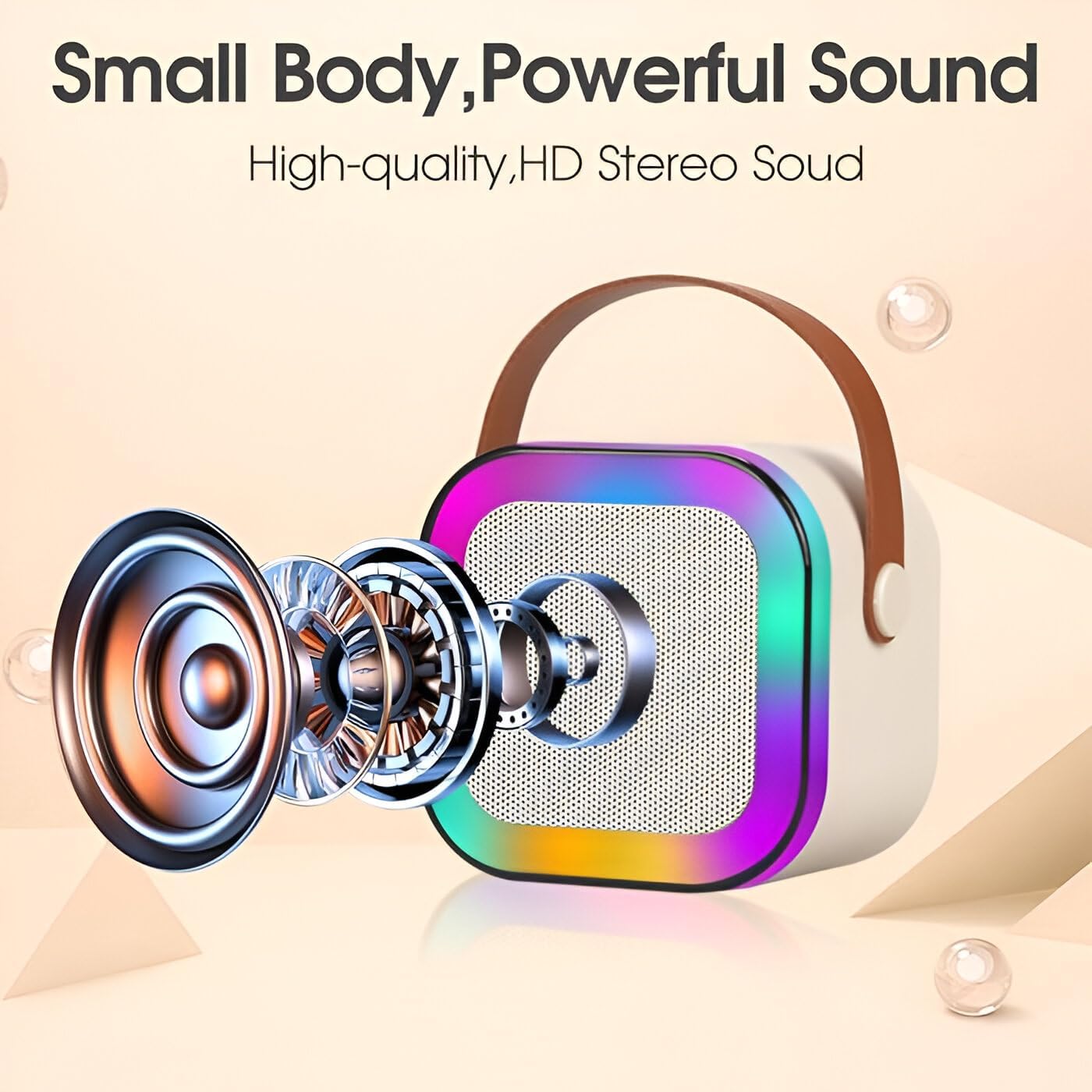 Karaoke Bluetooth Speaker with 10W RMS Stereo Sound Wireless Mic with 5 Voice Changer Modes RGB Lights & Karaoke Singing Effect Multi-Compatibility & Type-C Charging Beige