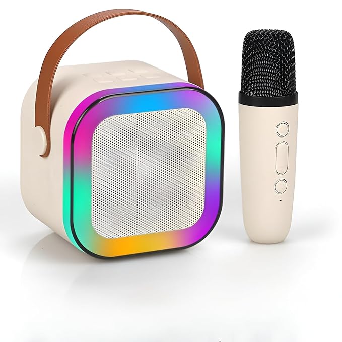 Karaoke Bluetooth Speaker with 10W RMS Stereo Sound Wireless Mic with 5 Voice Changer Modes RGB Lights & Karaoke Singing Effect Multi-Compatibility & Type-C Charging Beige