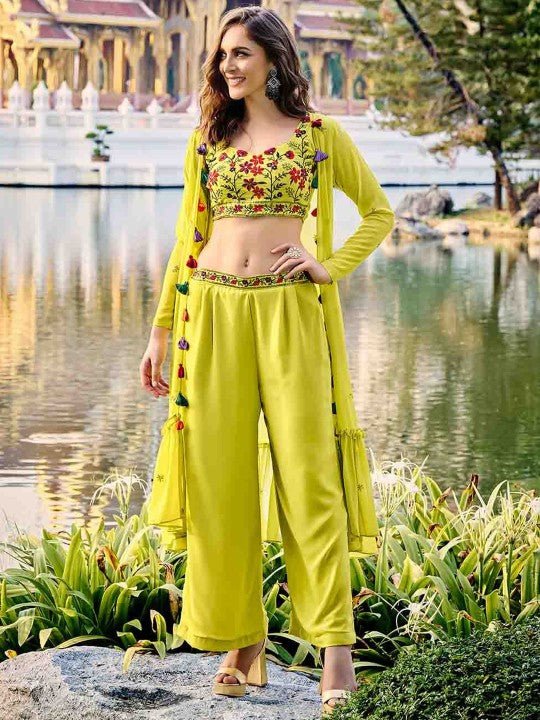 Embroidered Ethnic Crop Top with Palazzo & Shrug