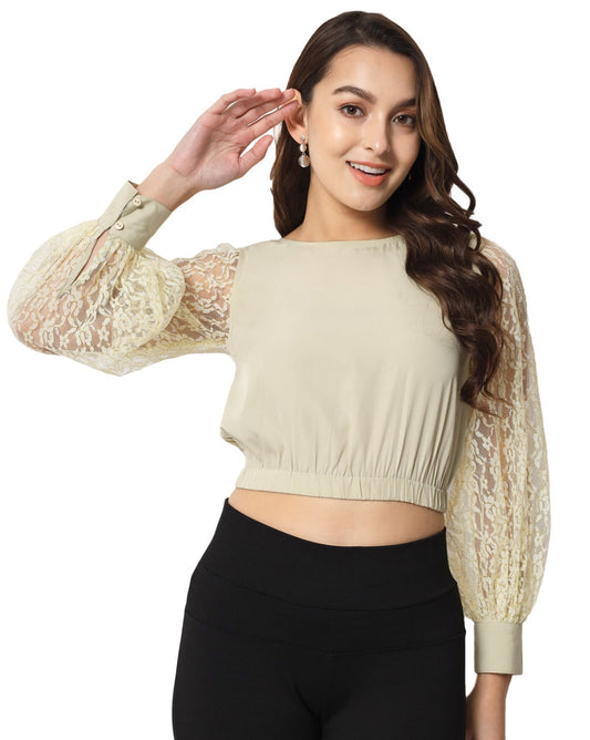 Women’s Regular Fit Crop Top with Cuffed Sleeves – Casual & Chic Everyday Wear