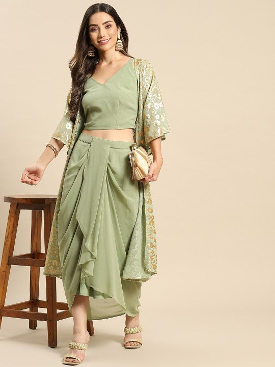 Green Printed Top with Pleated Skirt & Jacket