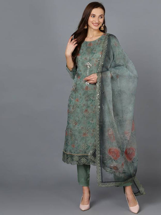 Women Net Kurta Pant Dupatta Set