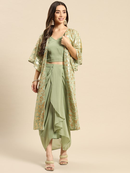 Green Printed Top with Pleated Skirt & Jacket