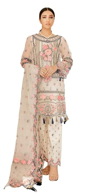 Pakistani Style Cream Salwar Kameez with Dupatta Work