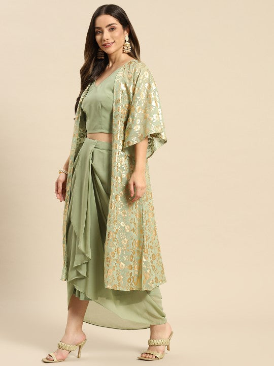 Green Printed Top with Pleated Skirt & Jacket