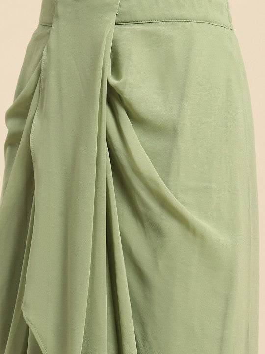 Green Printed Top with Pleated Skirt & Jacket