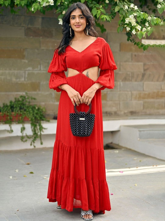 Puff Sleeves Cut Outs Maxi Dress