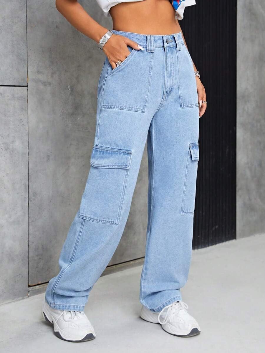 Women’s Cargo Flap Pocket High-Waisted Utility Denim Jeans Functional & Fashionable Comfort