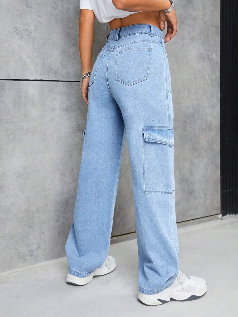 Women’s Cargo Flap Pocket High-Waisted Utility Denim Jeans Functional & Fashionable Comfort