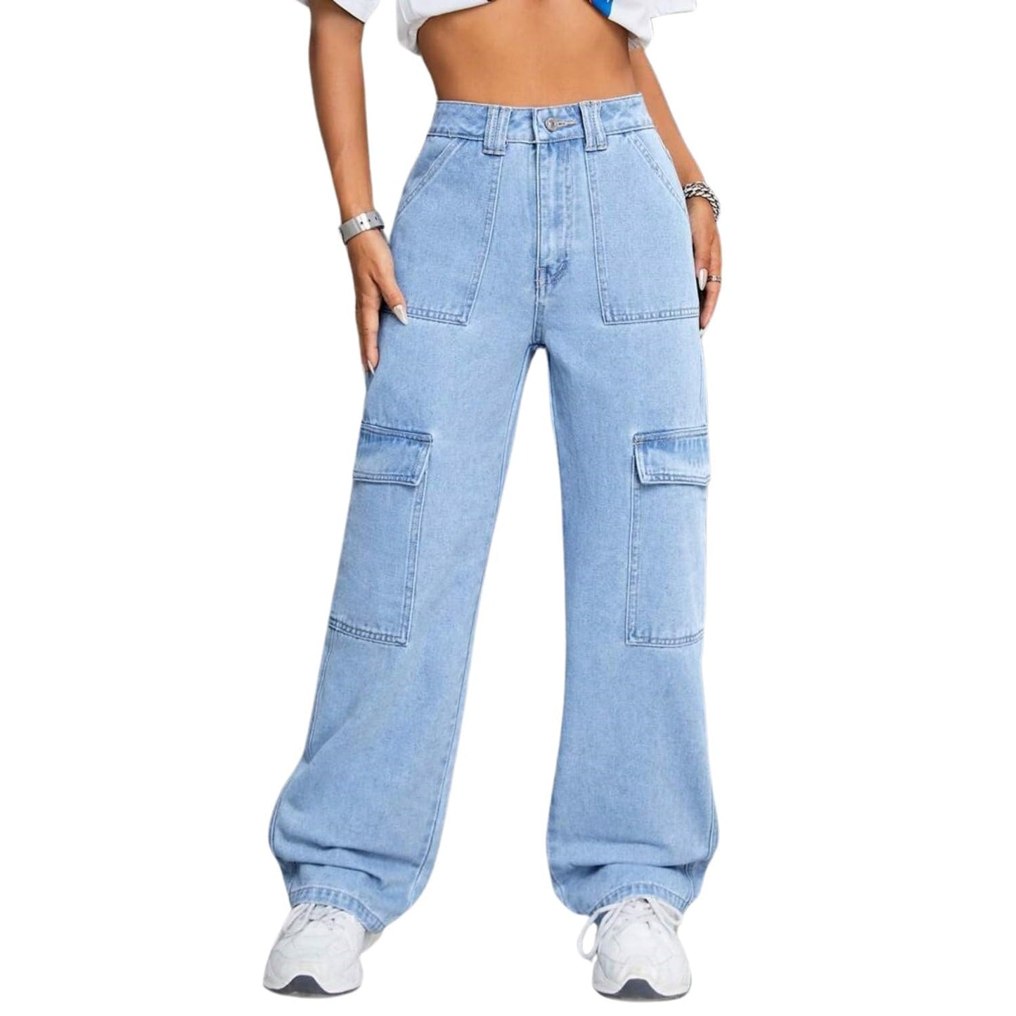 Women’s Cargo Flap Pocket High-Waisted Utility Denim Jeans Functional & Fashionable Comfort