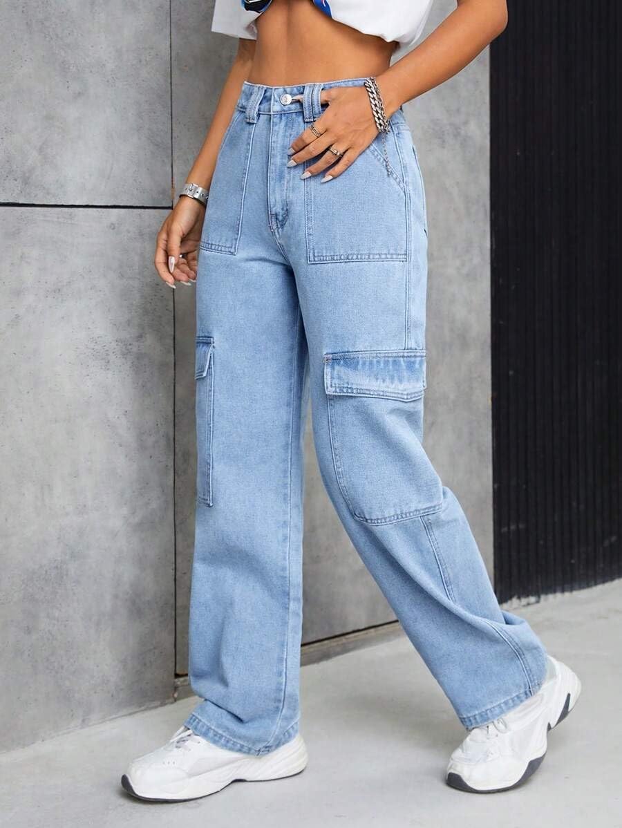 Women’s Cargo Flap Pocket High-Waisted Utility Denim Jeans Functional & Fashionable Comfort