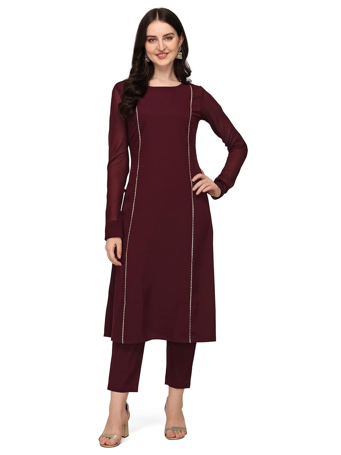 FIORRA Women's Maroon Poly Crepe A-Line Kurta Set With Dupatta