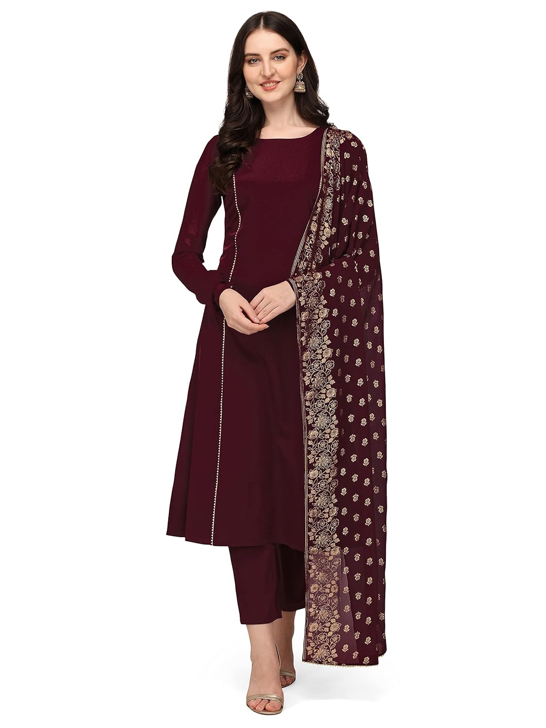 FIORRA Women's Maroon Poly Crepe A-Line Kurta Set With Dupatta