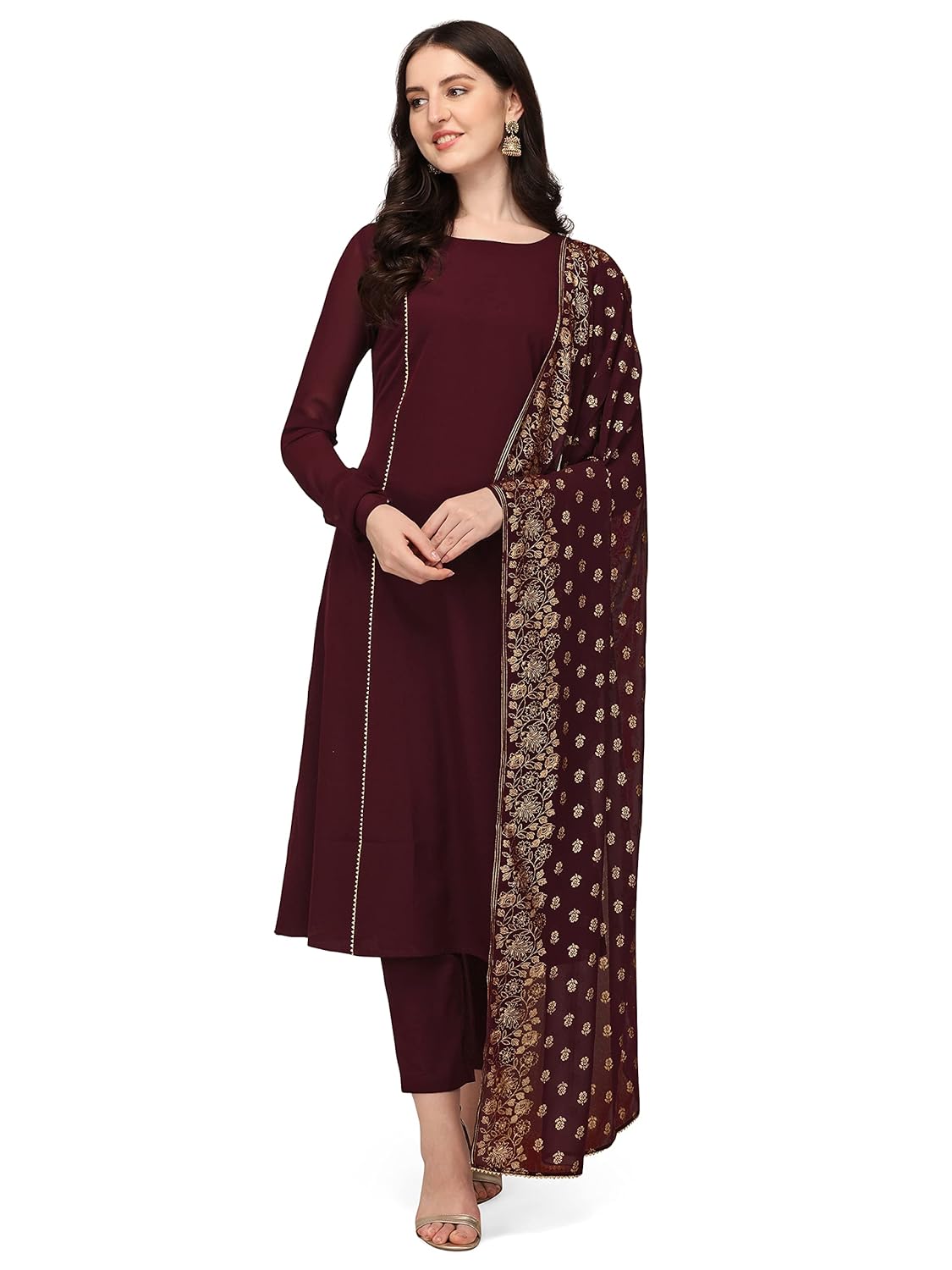 FIORRA Women's Maroon Poly Crepe A-Line Kurta Set With Dupatta