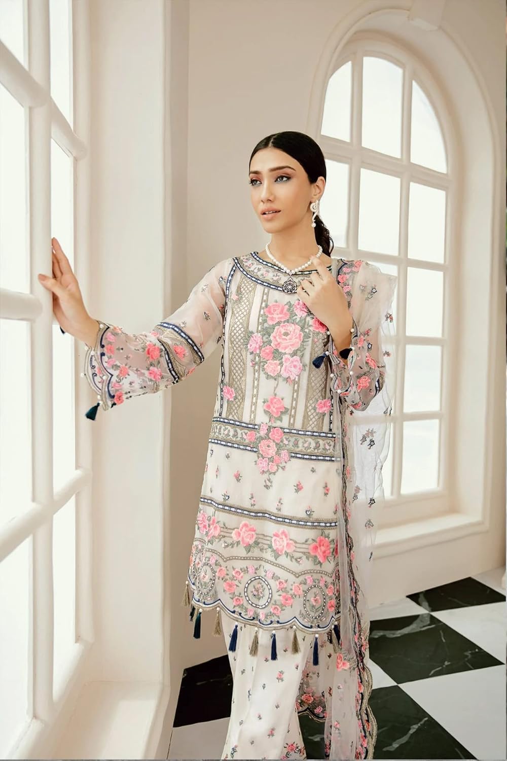 Pakistani Style Cream Salwar Kameez with Dupatta Work