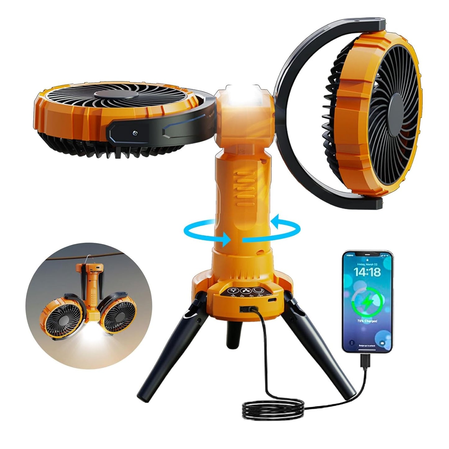 Double Head Camping Fan with LED Light 8000mAh Rechargeable Battery 270° Oscillation & 360° Rotation Portable Tent Fan with Hook for Outdoor Beach & Camping