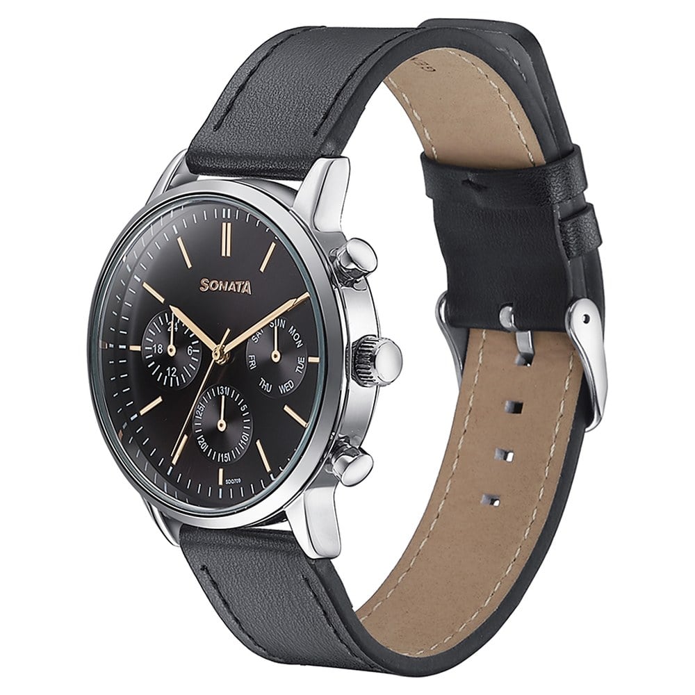 Sonata Quartz Multifunction Black Dial Black Leather Strap Watch for Men – Stylish, Functional & Durable