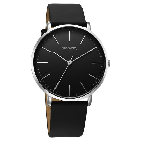 Sonata Ascent Quartz Analog Black Dial Leather Strap Watch for Men Classic Stylish and Reliable