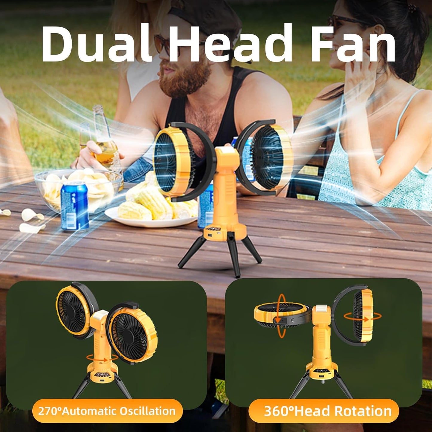 Double Head Camping Fan with LED Light 8000mAh Rechargeable Battery 270° Oscillation & 360° Rotation Portable Tent Fan with Hook for Outdoor Beach & Camping