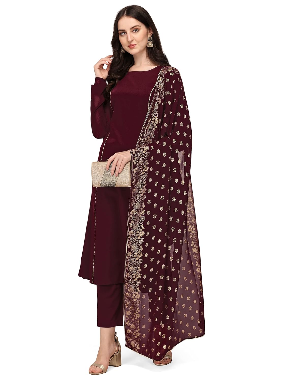 FIORRA Women's Maroon Poly Crepe A-Line Kurta Set With Dupatta