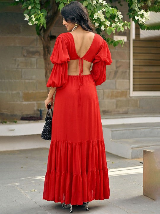 Puff Sleeves Cut Outs Maxi Dress