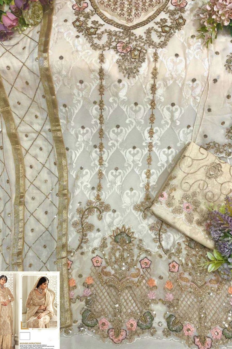 White Handwork Pakistani Salwar Kameez with Bottom Work Wear for Festive & Special Occasions