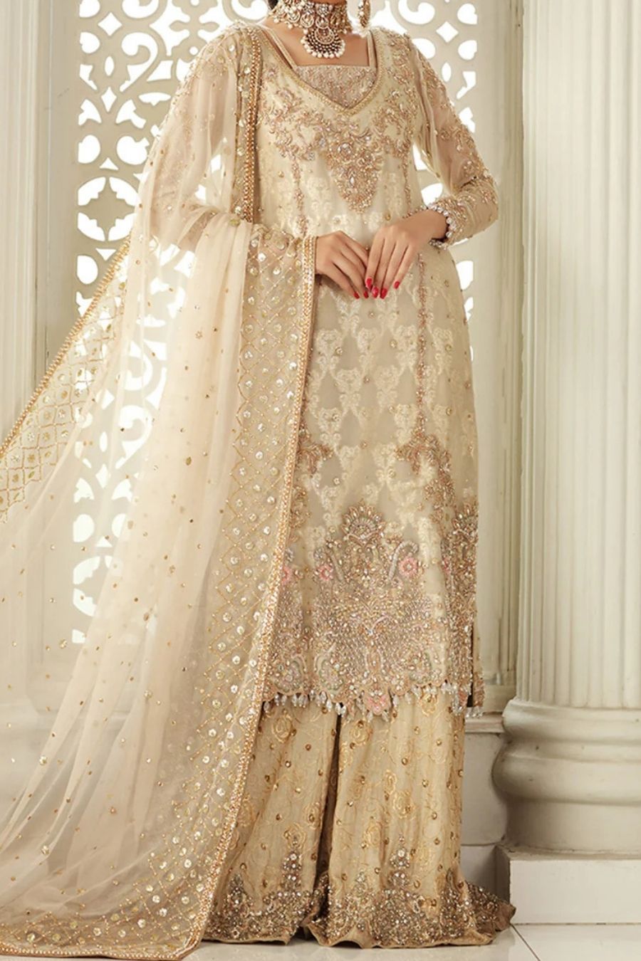 White Handwork Pakistani Salwar Kameez with Bottom Work Wear for Festive & Special Occasions