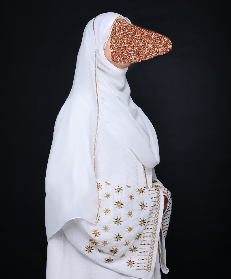 White Gold 3-Piece Set Abaya Elegant Modest Wear with Luxurious Gold Accents